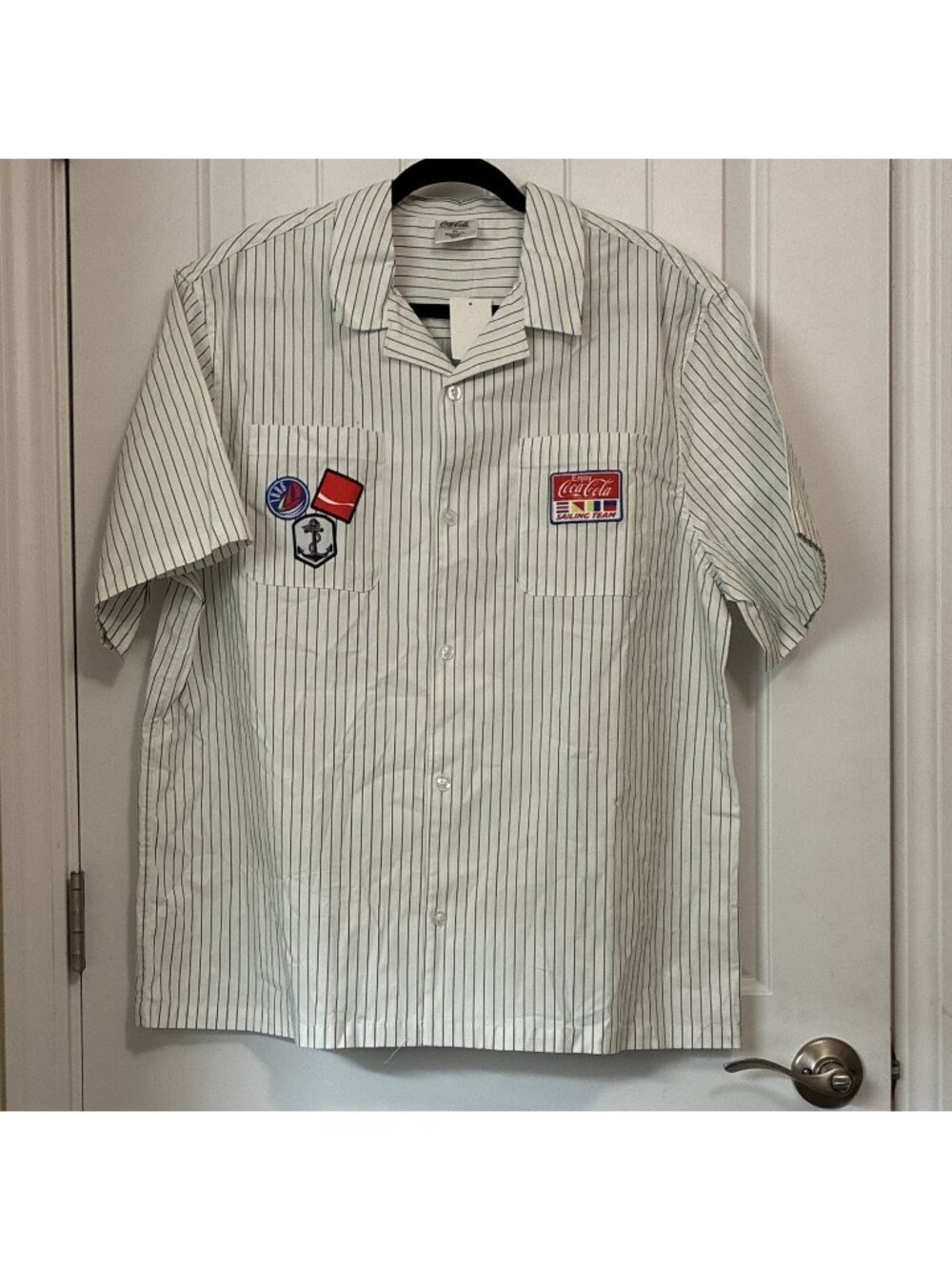 Coca-Cola Sailing Team Pinstripe Button-Front Shirt XL White Blue Red Chest- 48”